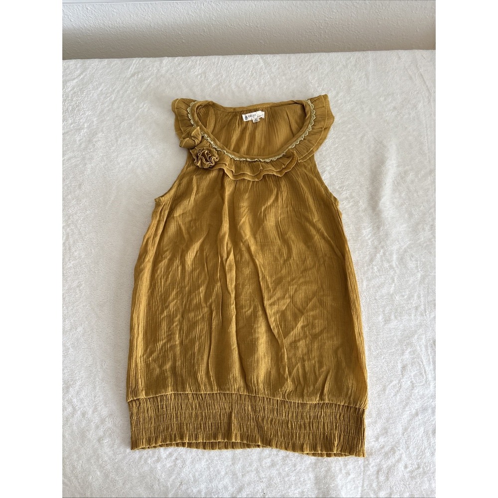 Edge Design‎ by Mine Women's M Mustard Crinkle Sleeveless Blouse Ruffle Neck
